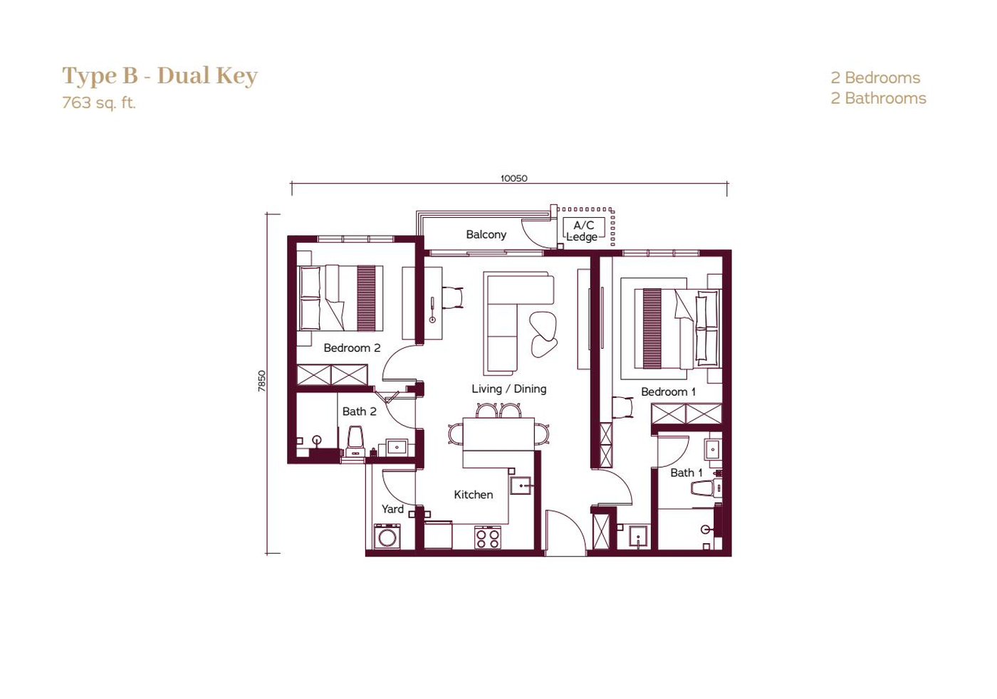 Type B dual-key floor plan, 763 square feet, 2 bedrooms 2 bathrooms